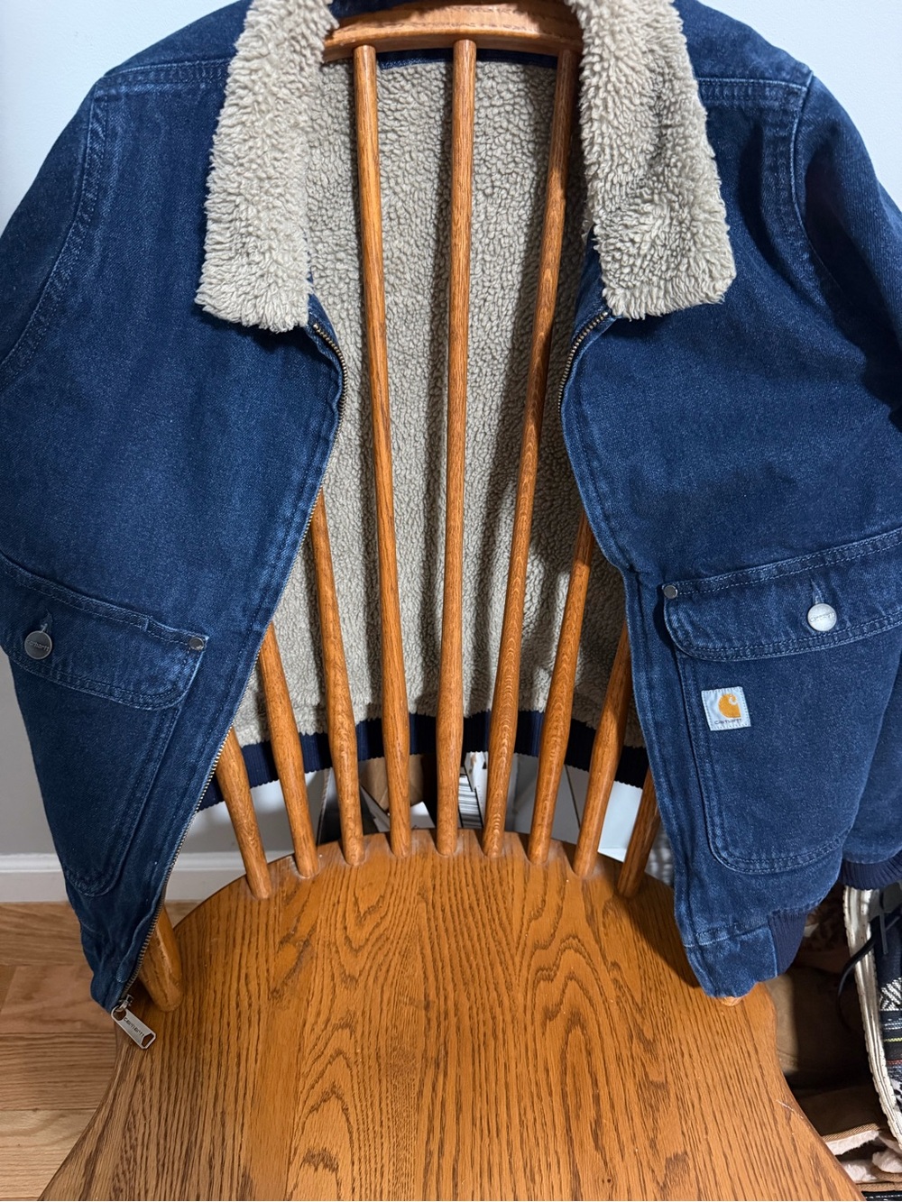 Carhartt Navy Blue Denim Jacket with Cream Sherpa Collar